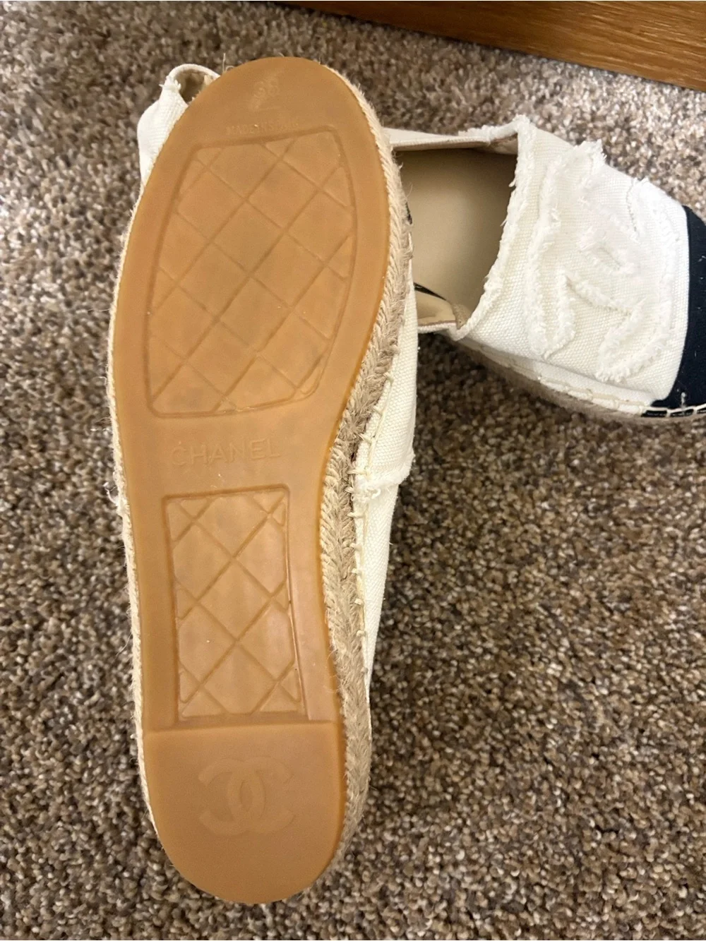 CHANEL White and Black Canvas Espadrilles